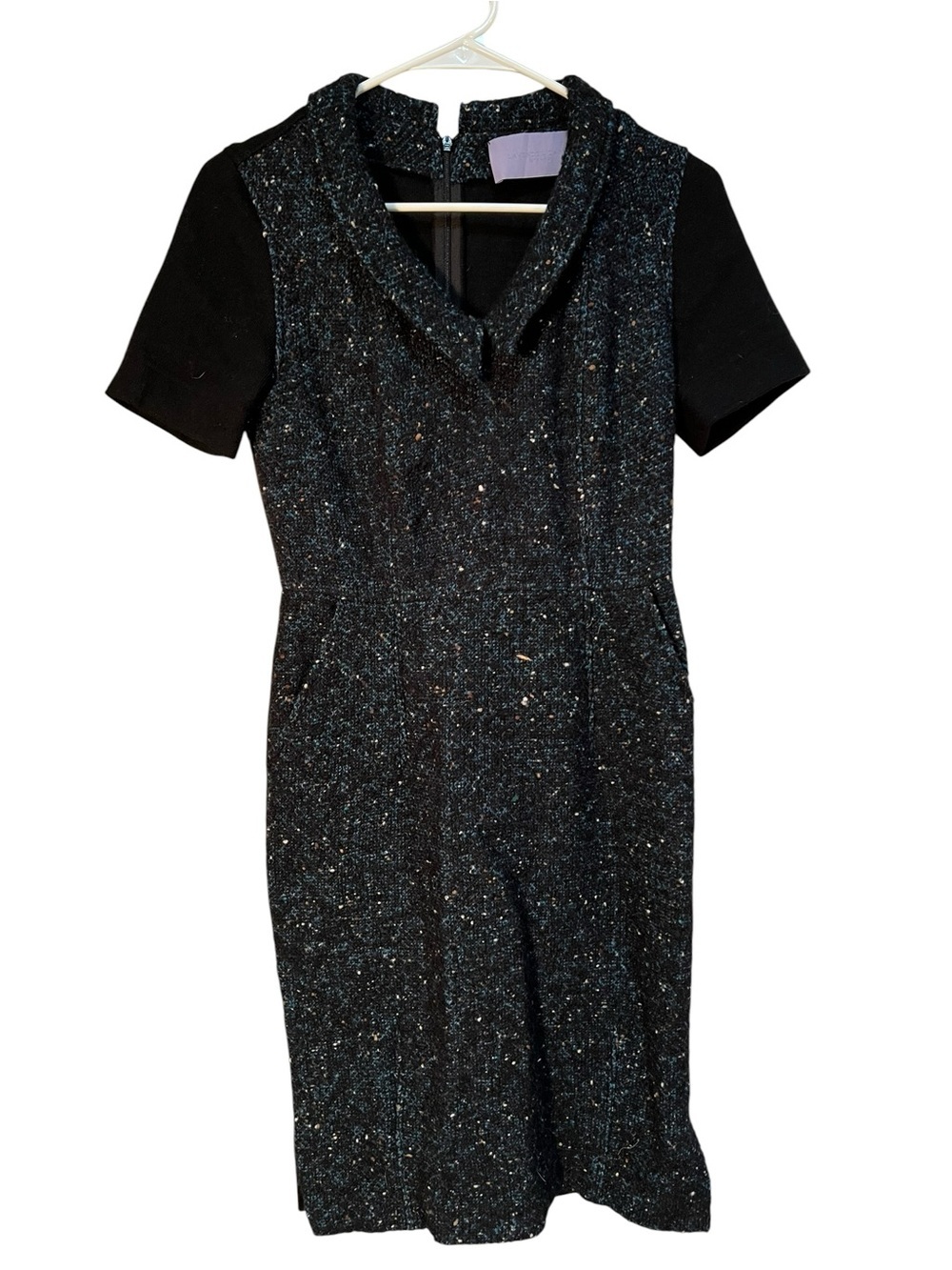 Vera Wang Lavender Label Womens Boucle Sweater Dress Wool Navy Blue Black V-Neck